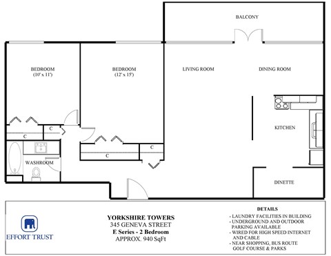 A floor plan for a Yorkshire Towers apartment shows two bedrooms, a living room, a dining room, a kitchen, a washroom, and a balcony.